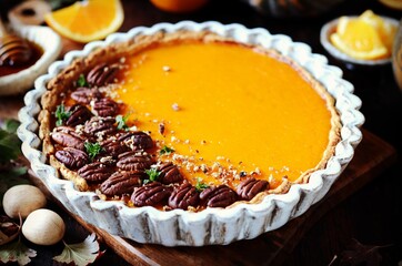 Pumpkin tart with pecans and oranges on a dark wooden background, still life
