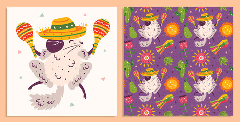 Mexico holiday. Little cute chinchillas in sombrero with maracas, cactus, sun, pinata, flower and flags. Mexican party. Latin America. Flat colourful vector seamless pattern, background. Card making.