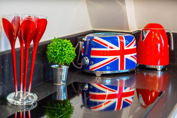 Close-up of counter of kitchen set. Induction cooker. Toaster and kettle. Green flower.