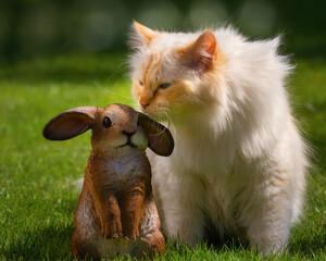 Fluffy Birman cat sniffing on a rabbit