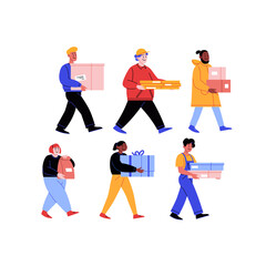 Flat illustration set of diversed food delivery people with boxes, pizza boxes and pockets