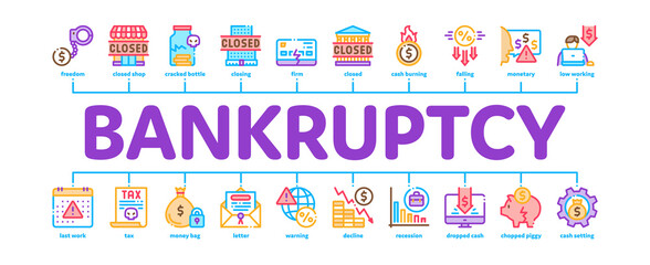 Bankruptcy Business Minimal Infographic Web Banner Vector. Bankruptcy Shop And Company, Closed Office And Store, Tax And Crisis, Broken Card And Piggy Illustration