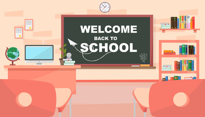 Back to school. New Classroom school in vector flat style. A classroom with a teacher's desk, a school board and a bookcase with books.