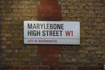 Fototapeta na wymiar London- Marylebone High Street W1 street sign. A landmark street on London's West End