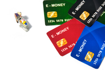 Contact-less payment. Women going shop and pay using electronic money (e-money). Miniature people figurines toys conceptual photography.