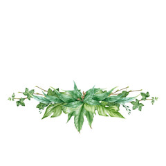 Green leaf arrangement watercolor illustration. Eucalyptus, ivy and monstera exotic leaves in decorative bouquet. Lush tropical floral greens decor for wedding. Isolated on white background