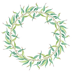 Eucalyptus leaf and branch wreath watercolor illustration. Natural realistic botanical frame image. Hand drawn beautiful lush eucalyptus herbal circle. Decorative green wreath on white background