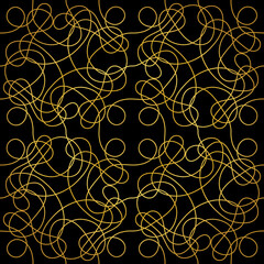 Tangled string in black and gold repeat seamless pattern background. Great for elegant gold fabric, wallpaper, cards, stationery, packaging.