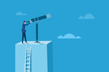 Conceptual illustration of a business man standing on a high altitude platform looks through a telescope. 