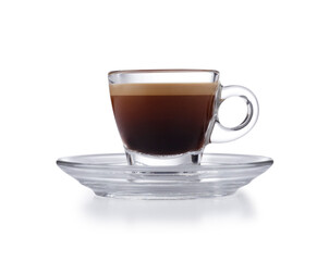 Modern glass expresso cup and saucer full of smooth expresso coffee, isolated on white