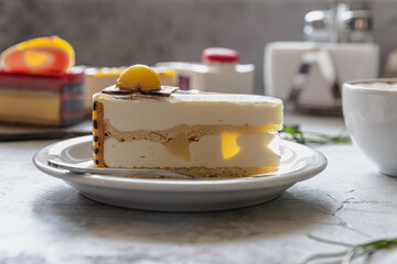 Pear and apple mousse cake, delicious white and yellow. Appetizing bright desserts