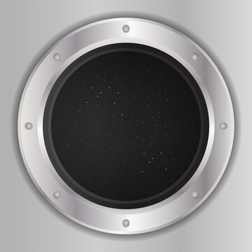 A high quality of silver spaceship window porthole with space, dark sky and stars vector. Illustration.
