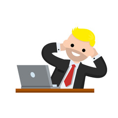 Successful businessman in suit. Gesture with hand behind head. Rest at work with computer on table. Happy man in tie. Business or pleasure. Cartoon flat illustration