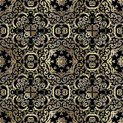 Gold Baroque vector seamless pattern. Ornamental Damask background. Rpeat ornate backdrop. Luxury floral ornaments with vintage golden flowers, leaves. Beautiful elegant design for fabric, wallpapers