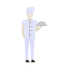 Chief in the cap holds a tray of food in his hand. Flat vector character isolated on white background. Profession cook.