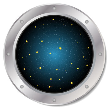 Silver spaceship window porthole with space, Dark blue sky and yellow stars. Vector illustration.
