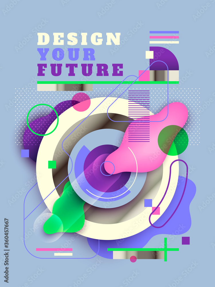Poster futuristic poster design in abstract style. geometric composition with text and various objects. vec