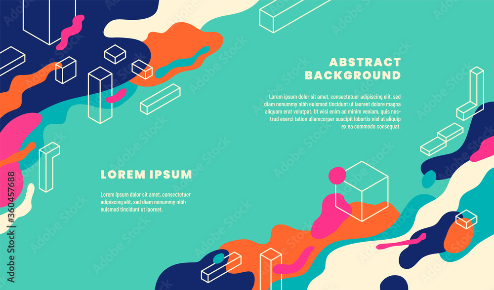 Poster modish banner design in abstract style with fluid shapes, isometric objects and text. vector illustr