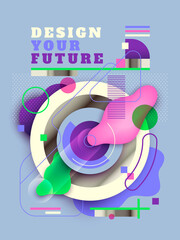Futuristic poster design in abstract style. Geometric composition with text and various objects. Vector illustration.