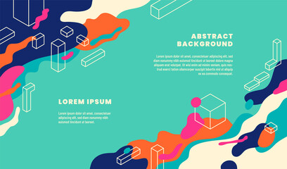 Modish banner design in abstract style with fluid shapes, isometric objects and text. Vector illustration.