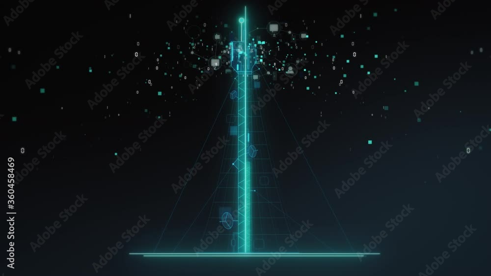 Poster transmission tower distributes data packets, internet data, 4g, telephone network - digital animatio