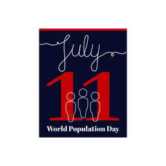 Calendar sheet, vector illustration on the theme of World Population Day on July 11. Decorated with a handwritten inscription JULY and outline people silhouette.


