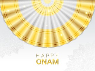 Happy Onam horizontal banner template. Harvest Hindu festival celebrated in memory of King Mahabali by Malayali people. Traditional white and gold sari for Thiruvathirakali dance and mandala ornament.