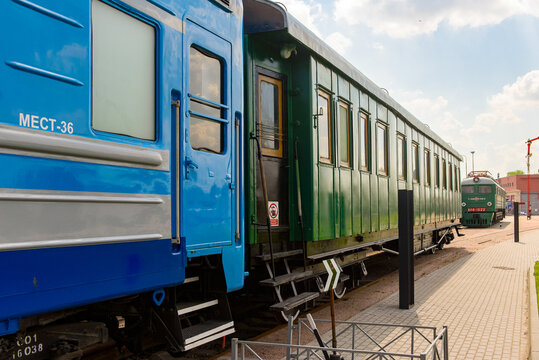 SAINT PETERSBURG - MAY 17, 2018: Passenger Train Avrora at the exterior part of the Museum RZD (Russian Rail Ways)