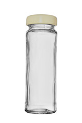 Empty narrow glass bottle with a lid. Isolated on a white background