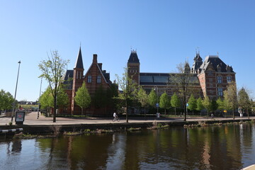 Fototapeta na wymiar Amsterdam, North-Holland, The Netherlands - April 2, 2020: Rijksmuseum seen from the Ruysdaelkade