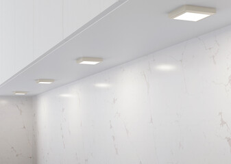 Background of modern kitchen. Fragment of a kitchen with integrated fixture, with empty space for text. 3D rendering.