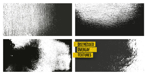 Set of distressed overlay texture of cracked concrete, stone or asphalt. Abstract dust overlay grunge background halftone. Vector illustration. Isolated on white background.