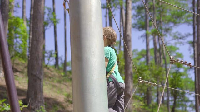 A little boy in an adventure park. He wears a safety harness. He climbs on a high rope trail. Outdoor amusement center with climbing activities consisting of zip lines and all sorts of obstacles