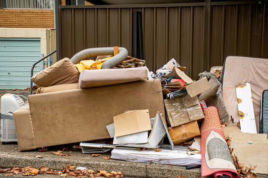 Household Miscellaneous Rubbish Items Put On Curbside For Council Waste Collection.