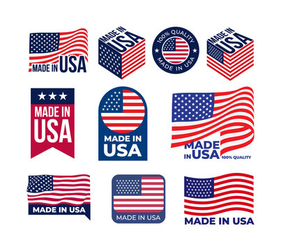 Set Of Made In USA Logo And Label. US Icon With Flags Of The United States Of America For Packaging Products. Vector Illustration. Isolated On White Background.