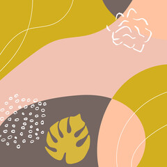 Abstract botanical patterned background vector with monstera palm leaf and doodles