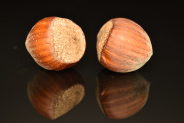 Hazelnuts, macro, on a black background.