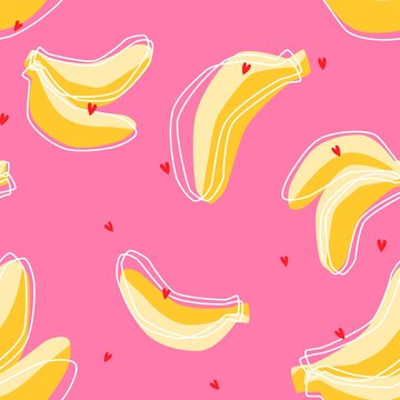 Colorful sunny yellow and baby pink banana vector seamless pattern with red heart and linear exotic fruit silhouette for girl clothing textile print. 