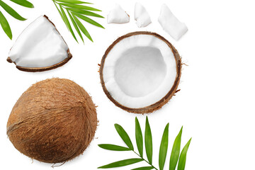 Obraz na płótnie Canvas Coconut with green leaves isolated on white background. top view