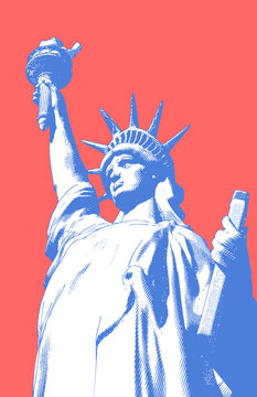 Retro art of Lady Liberty vector illustration on red BG