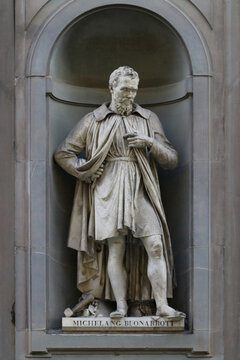 Statue of Michelangelo Buonarroti, outdoor the uffizi museums, touristic place, florence, italy