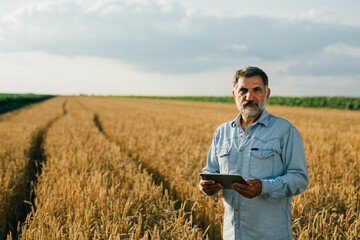 middle aged man examine wheat in wheat field, using tablet computer