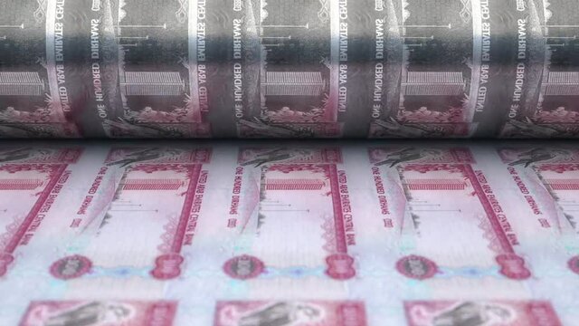 A loop able animation concept image showing a long sheet of new dubai dirham bank notes going through a print roller in its final phase of a print run	