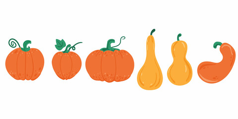 Pumpkin set. Orange and yellow pumpkins of various shapes and sizes. Autumn harvest. For halloween and thanksgiving day design. Flat vector doodle cartoon elements