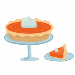 Pumpkin pie. Whole and piece cake on blue plate, special autumn offer for the menu of cafes and restaurants. Colorful cute flat vector illustration