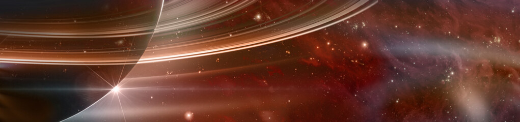 Planet saturn with rings at sunrise on the space background, panoramic view. Elements of this image furnished by NASA.