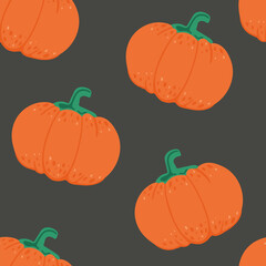 Pumpkin seamless pattern. Orange pampkin isolated on dark. Autumn harvest. For halloween and thanksgiving day design. Vector doodle cartoon background