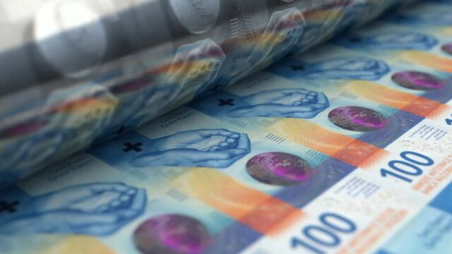 A loop able animation concept image showing a long sheet of swiss franc bank notes going through a print roller in its final phase of a print run	