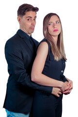 Young couple making suspicion gestures on a white background