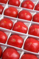 close up detailed corner view background wallpaper shot of rows and lines of large tasty red ripe tomatoes in a white crate box